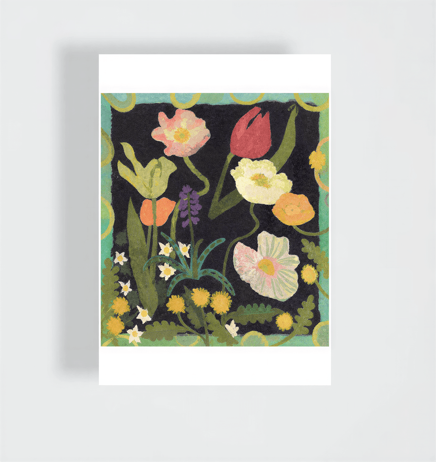 Soul Food Flowers giclée print featuring colorful flowers on a dark background with a decorative border.