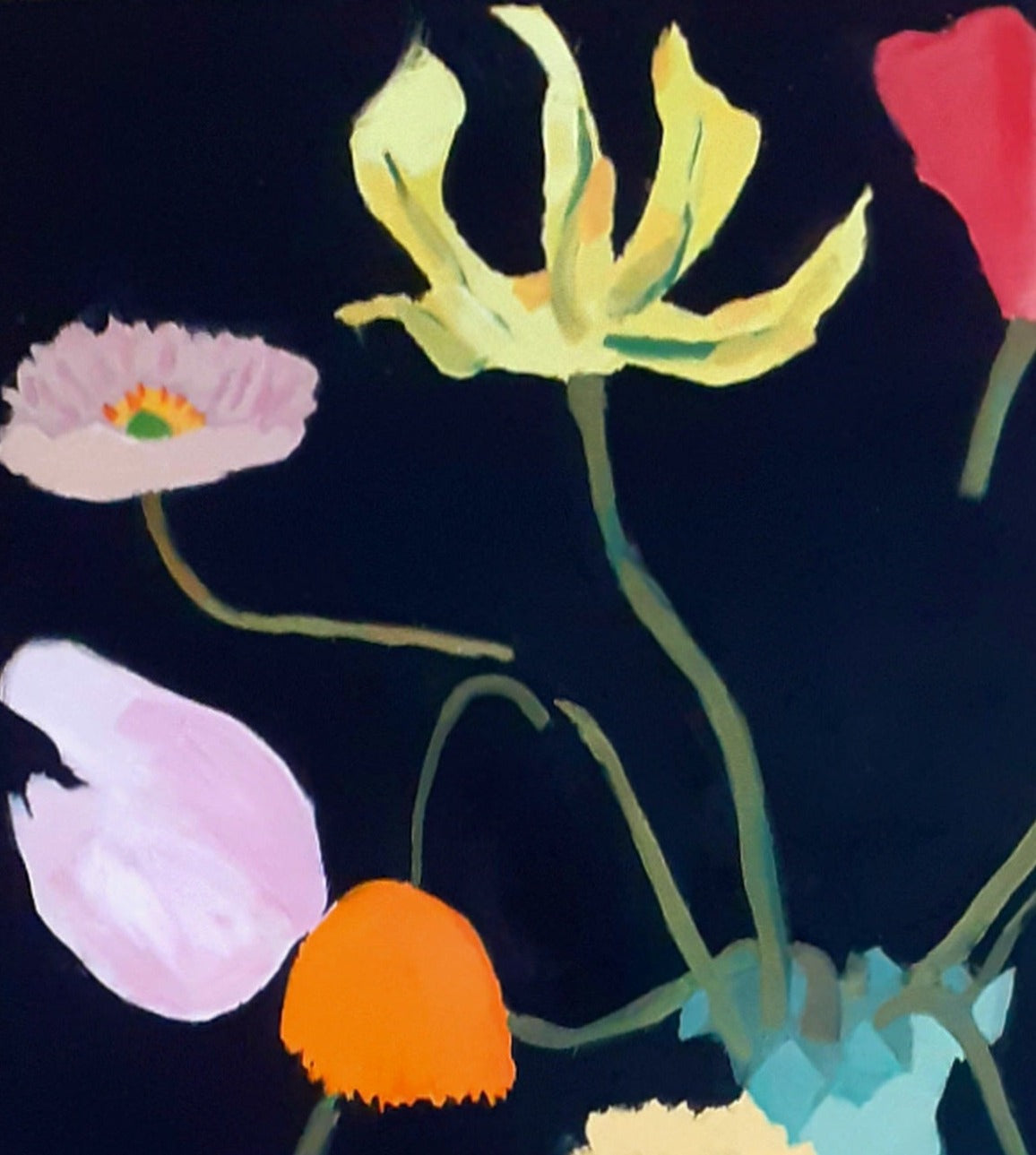 Detailed view of tulips and poppies in a Giclée flower print, highlighting vibrant colors and artistic brushstrokes.
