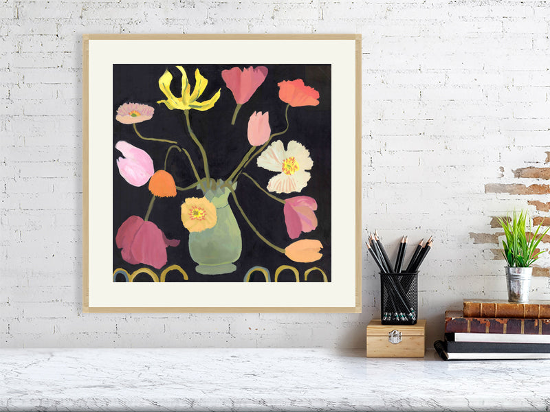 Giclée flower print featuring vibrant tulips and poppies in a green vase on a dark background. Perfect for wall art and interior design.