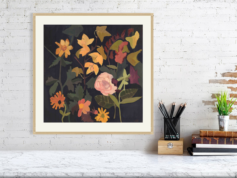 Framed Last Rose of Summer giclée print with a white mat and light wood frame, styled on a desk for a clean and elegant decor touch.