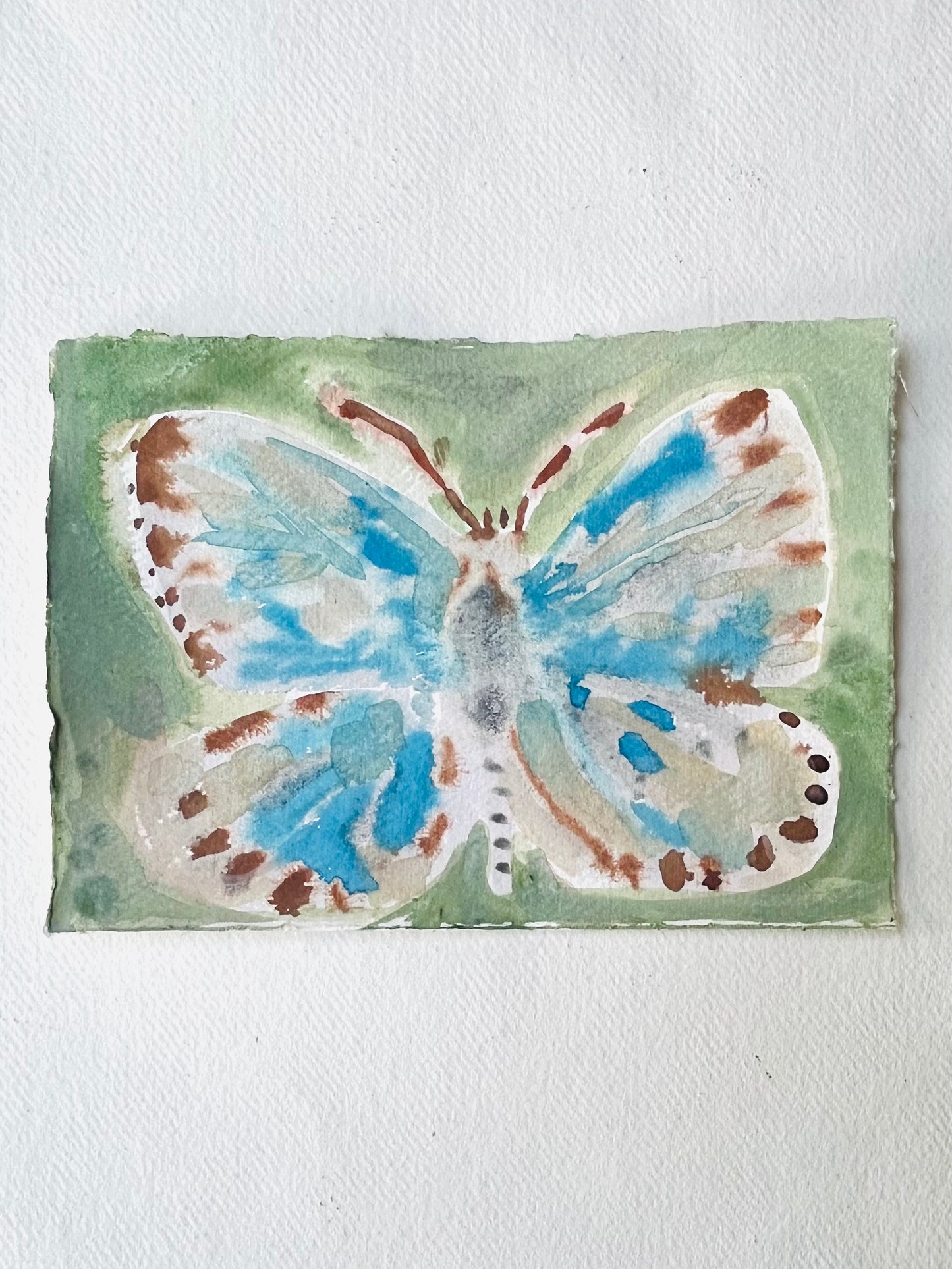 Butterfly No 7, a watercolor painting on paper featuring a blue and brown butterfly on a green background.