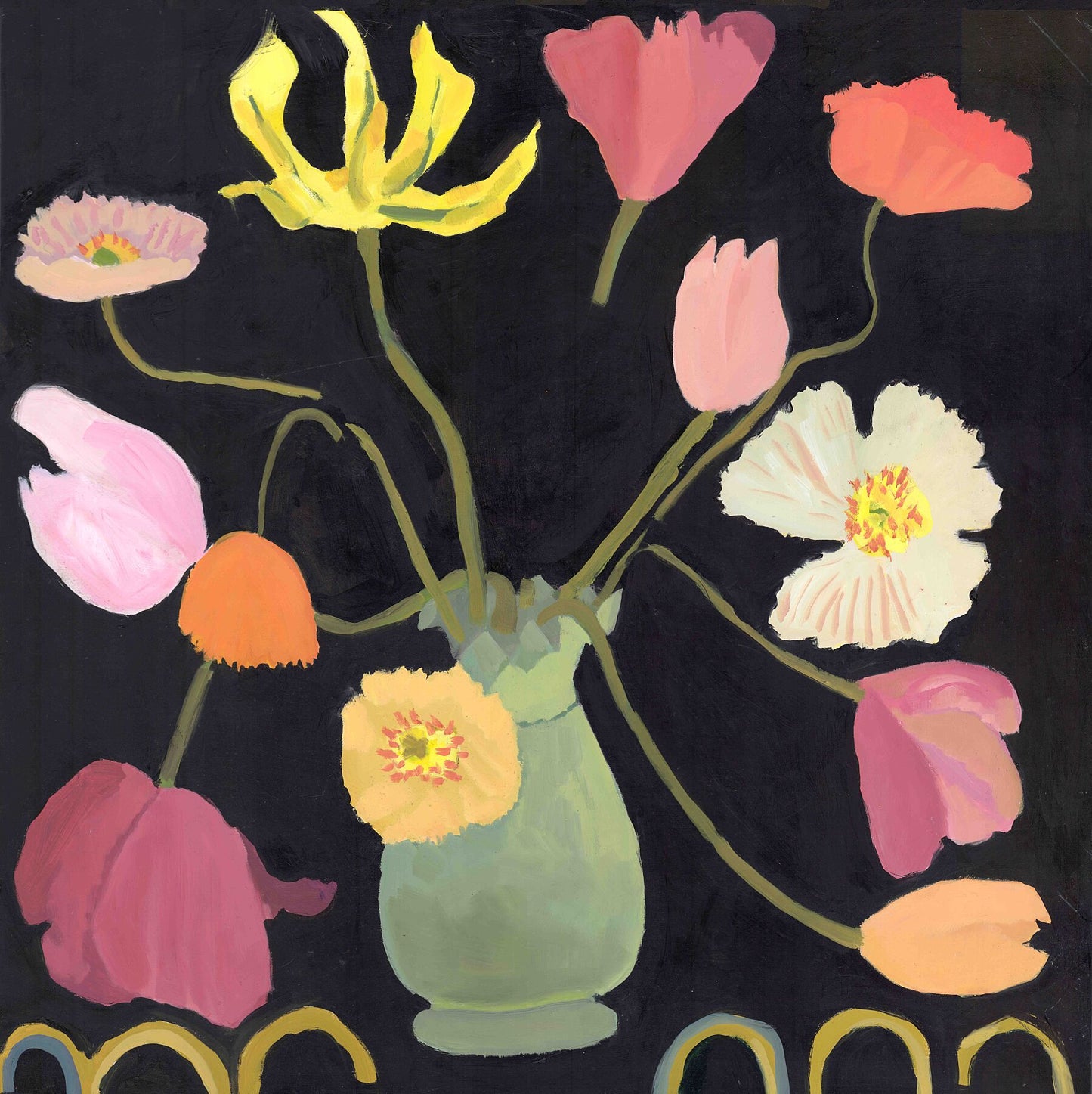 Close-up of Giclée flower print showcasing colorful tulips and poppies on a dark background, emphasizing intricate floral details.