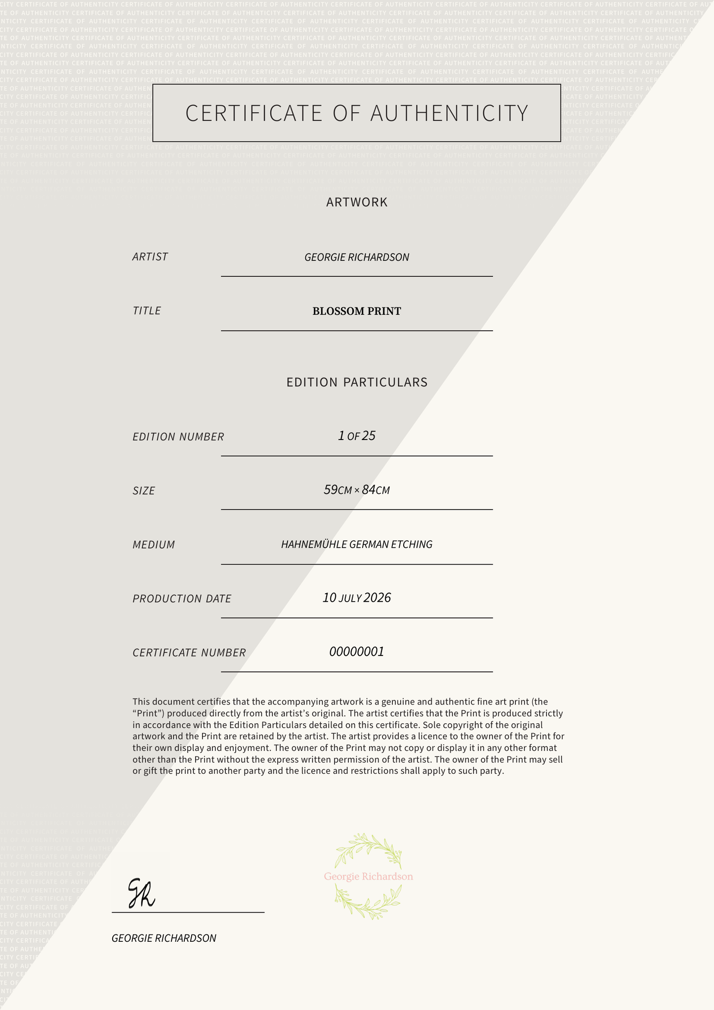 Blossom print — Certificate of Authenticity