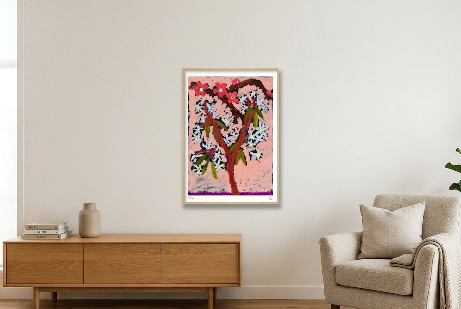 Blossom on pink print — 59×84cm, 23×33" Oak Frame
