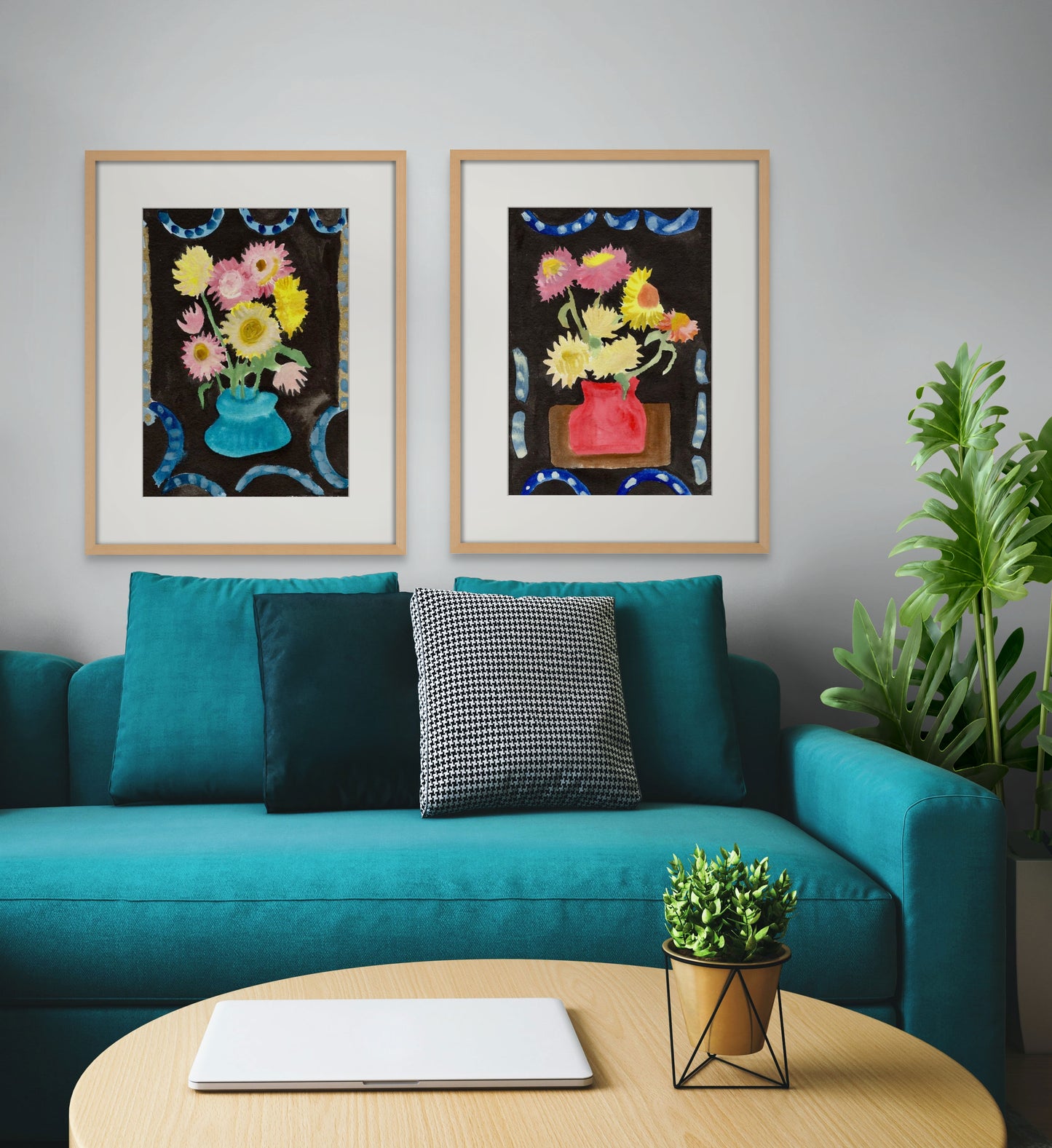 Strawflowers in Turquoise Vase.     Giclee print