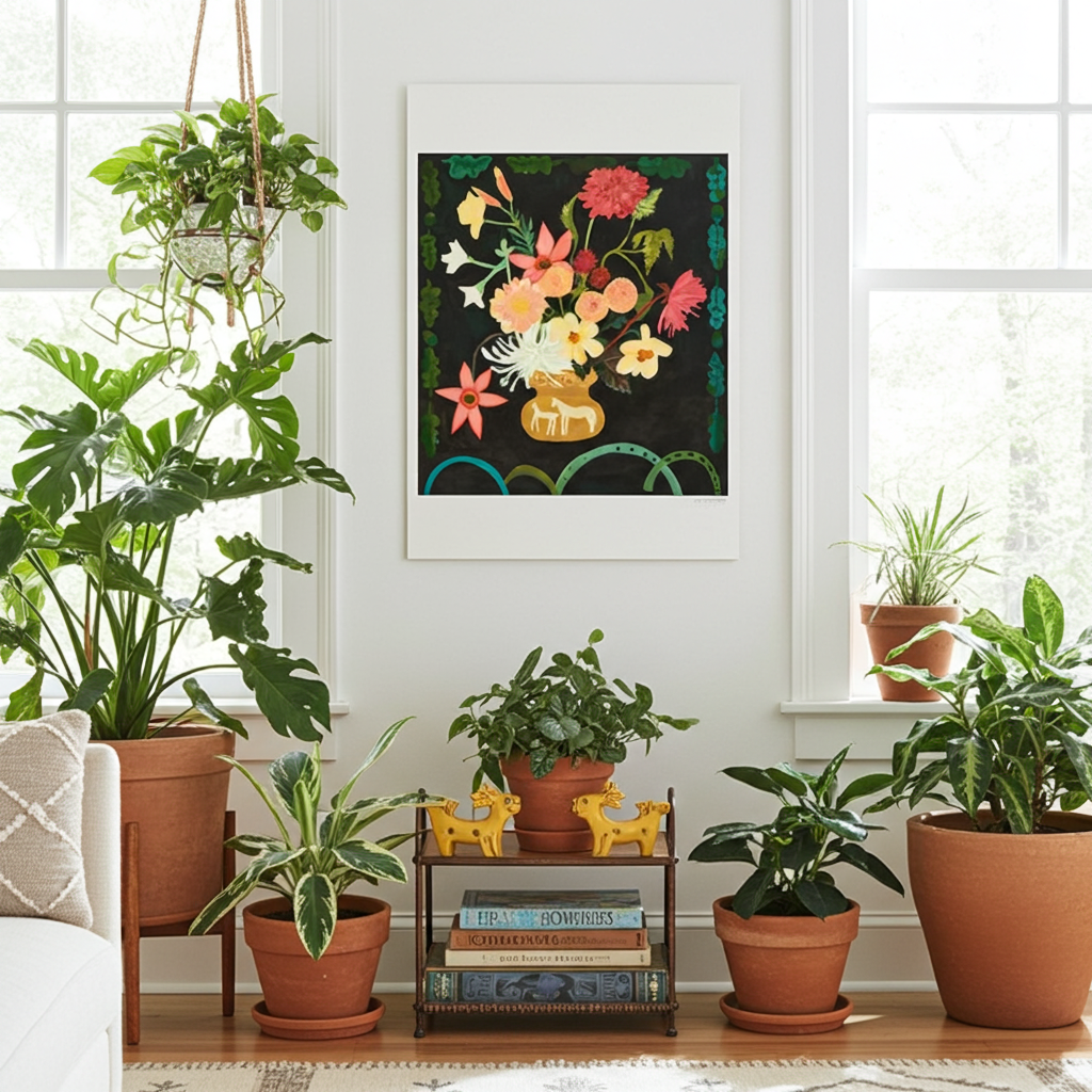 Foals Flowers giclée print featuring colorful flowers and a deer on a black background, framed and displayed among potted ...